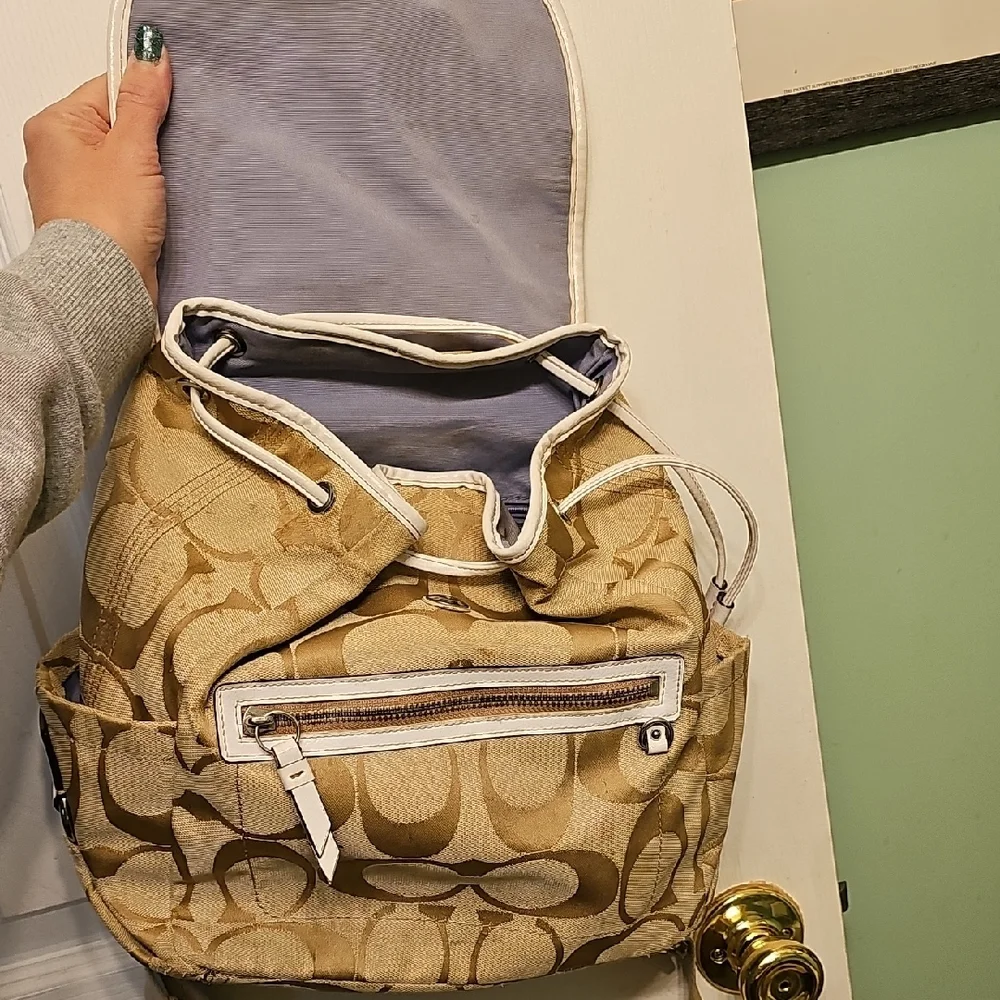 Coach Signature Beige Canvas Drawstring Backpack - Picture 9 of 14